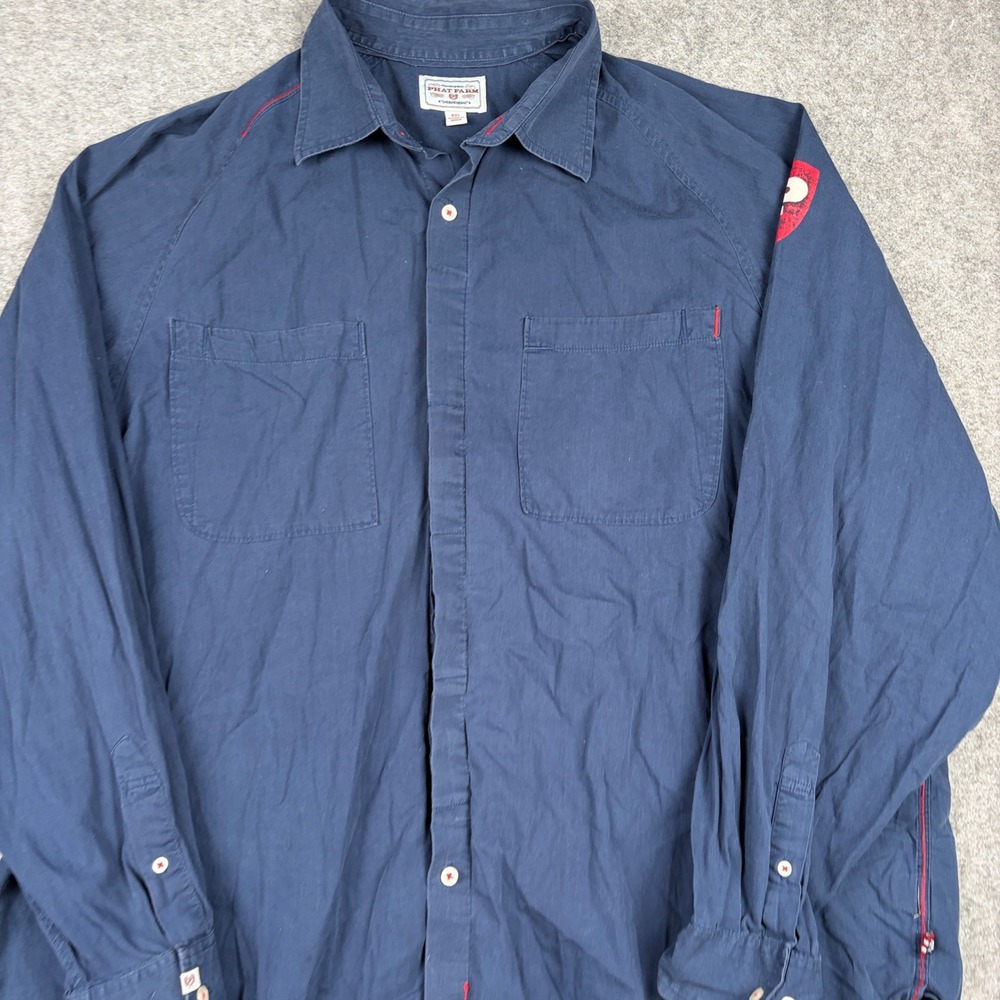 Phat Farm Button Up Shirt Mens 4XL Navy Blue Y2K Streetwear Graphic Long Sleeve - Picture 5 of 13